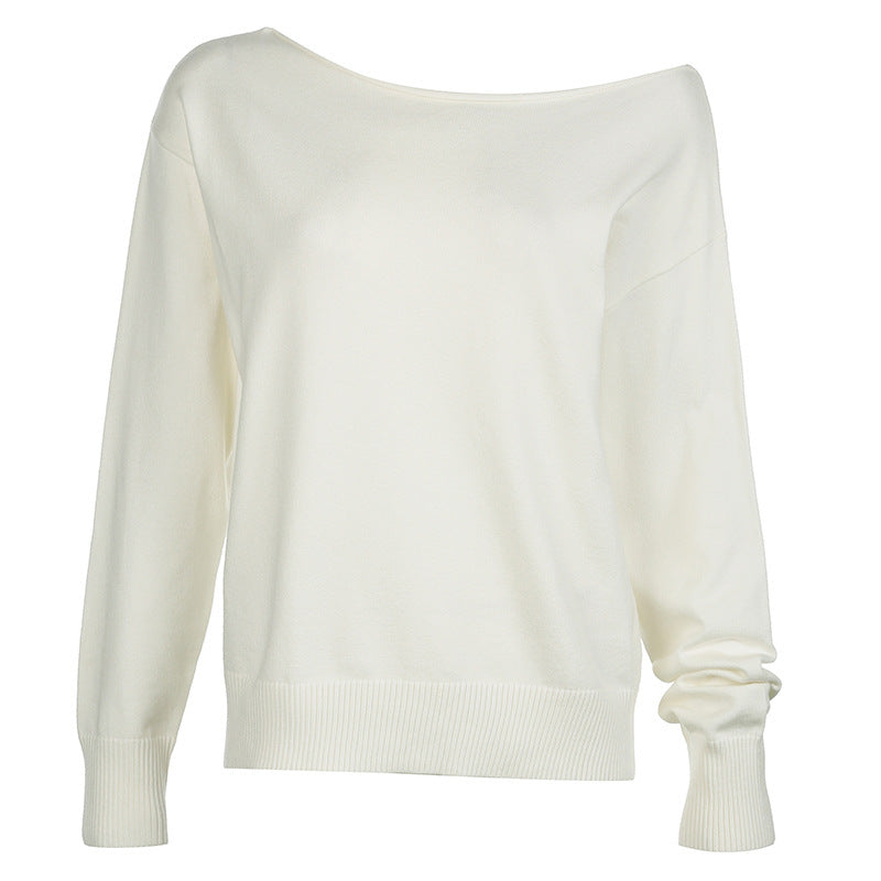 Simple European and American Style Solid Color Diagonal Shoulder Sweater