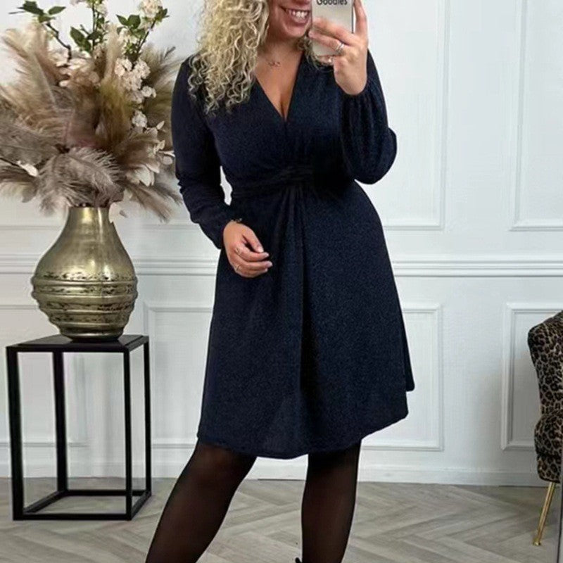 Women's V-Neck Long Sleeve Waist Dress – Elegant and Stylish