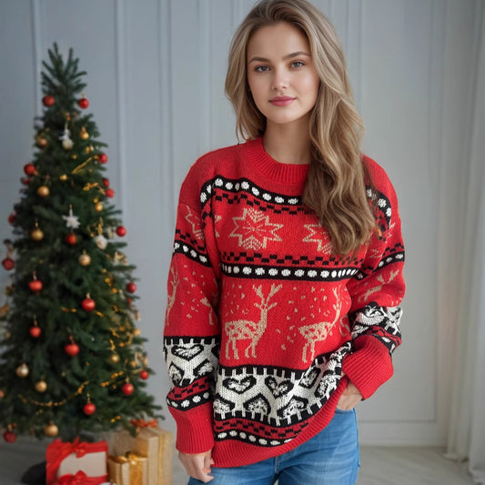 Christmas Casual Red Deer Jacquard Women's Long-Sleeve Round Neck Sweater