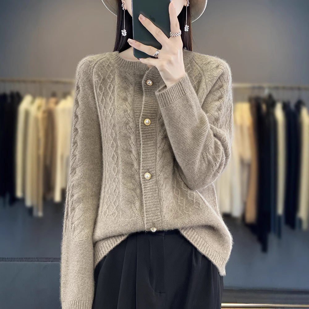 Women's Round Neck Pure Wool Knit Cardigan – Long Sleeve, Casual and Simple Design