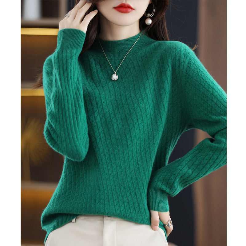 Pure Wool Women's Half-Turtleneck Knitted Sweater - Bottoming Shirt Style