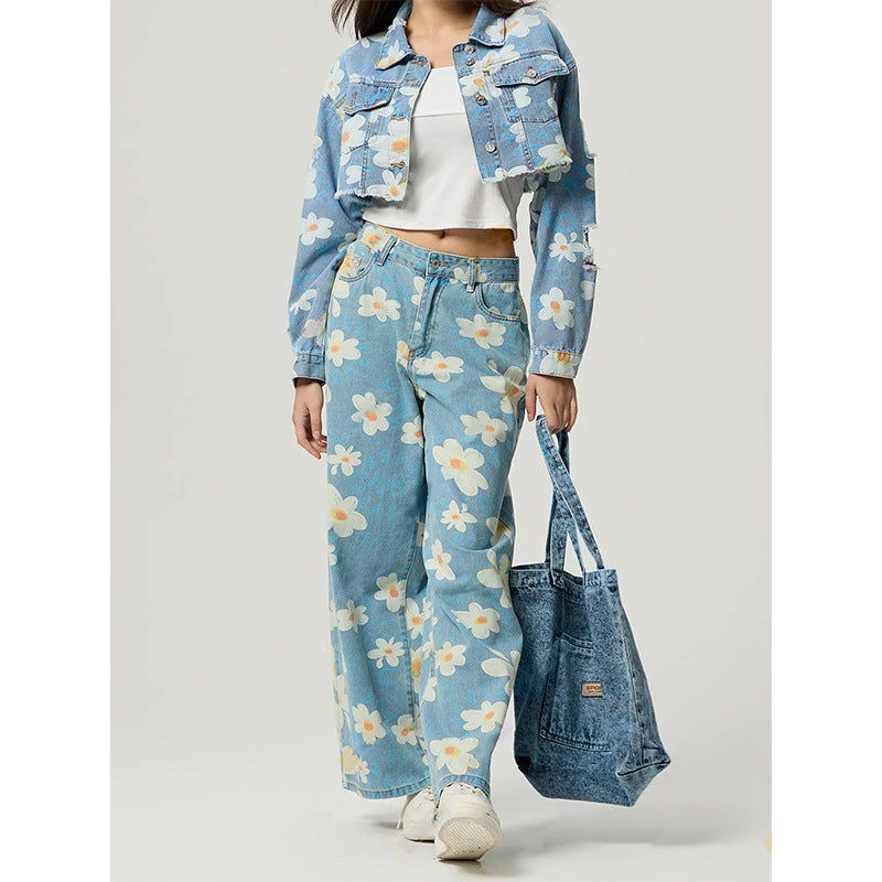 Vintage Floral Print Straight-leg Jeans