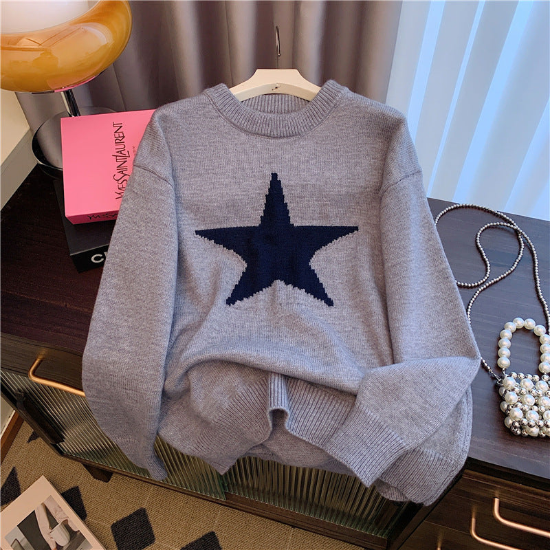 Idle Style Crew Neck Pullover Sweater with Five-Pointed Star Design