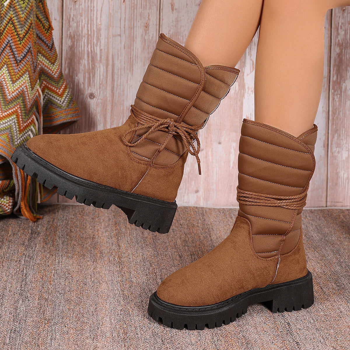 New Chunky Heel Mid-Tube Snow Boots for Women – Winter Warm Fleece Lined with Lace-Up Design