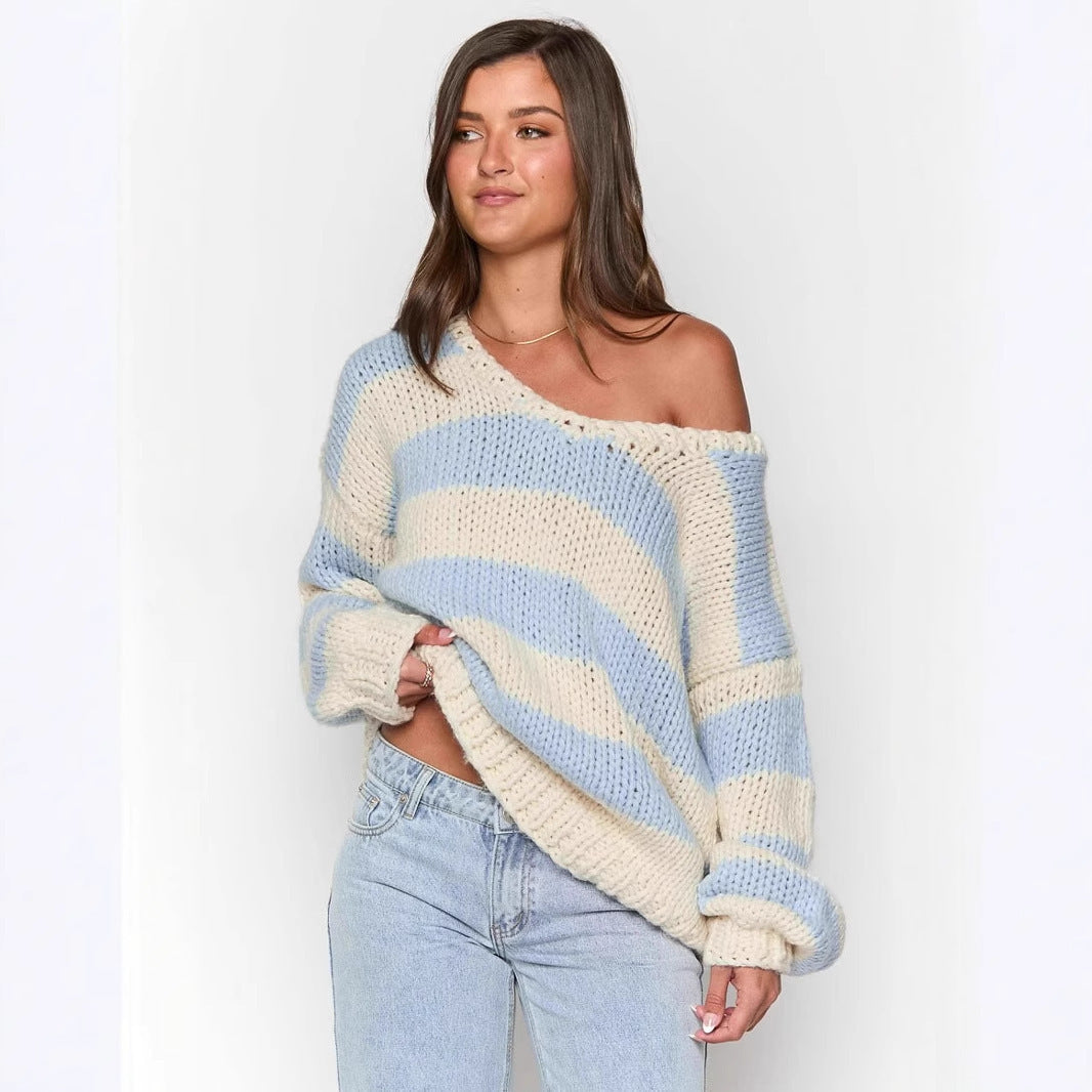 Fall and Winter Fashion Casual Loose Knitted Sweater – Oblique Shoulder Design