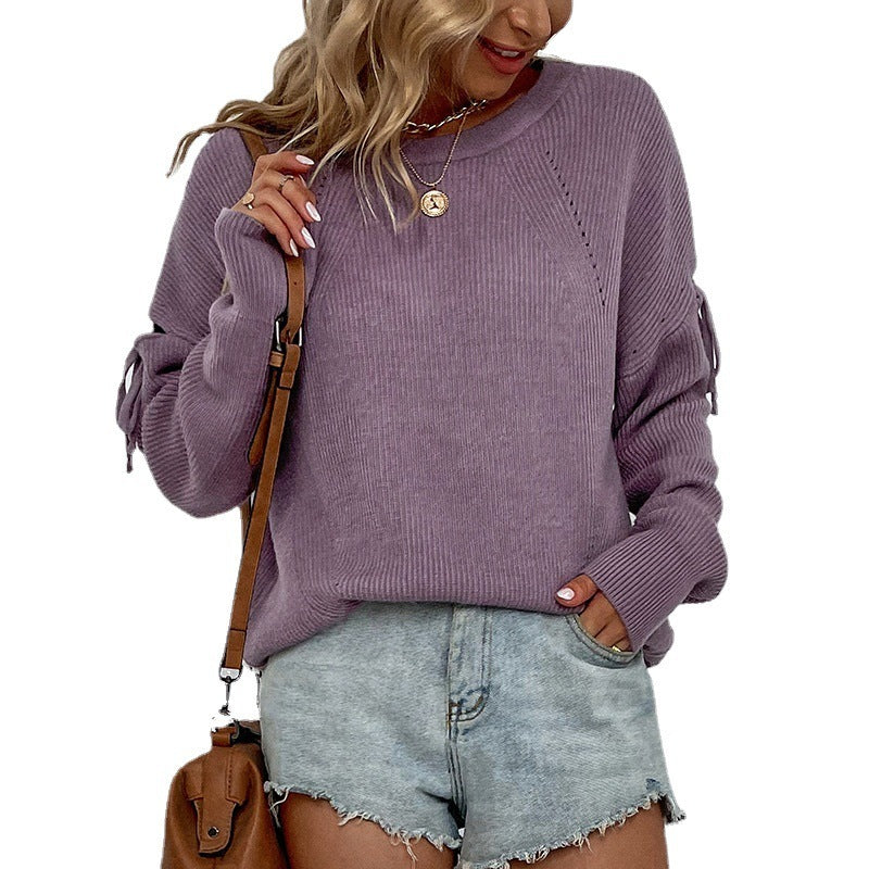 European and American Style Women's Long-Sleeved Lace-Up Knit Sweater