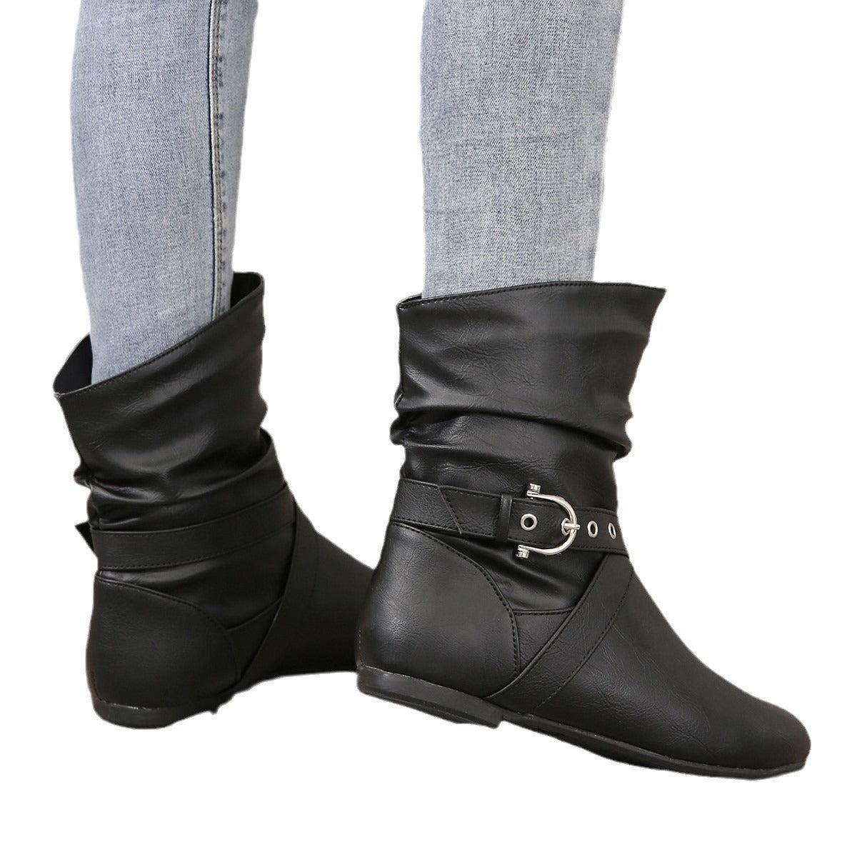 European and American Round Toe Pleated Ankle Boots with Flat Belt Buckle