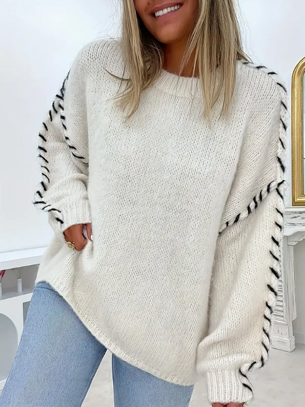 Spring and Autumn Fashion Solid Color Round Neck Loose-Fit Long Sleeve Knitted Sweater