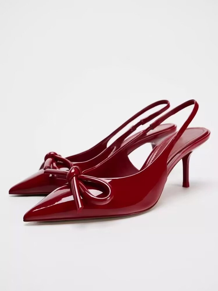 Women's Red Bowknot Low-Cut Exposed Heel Shoes