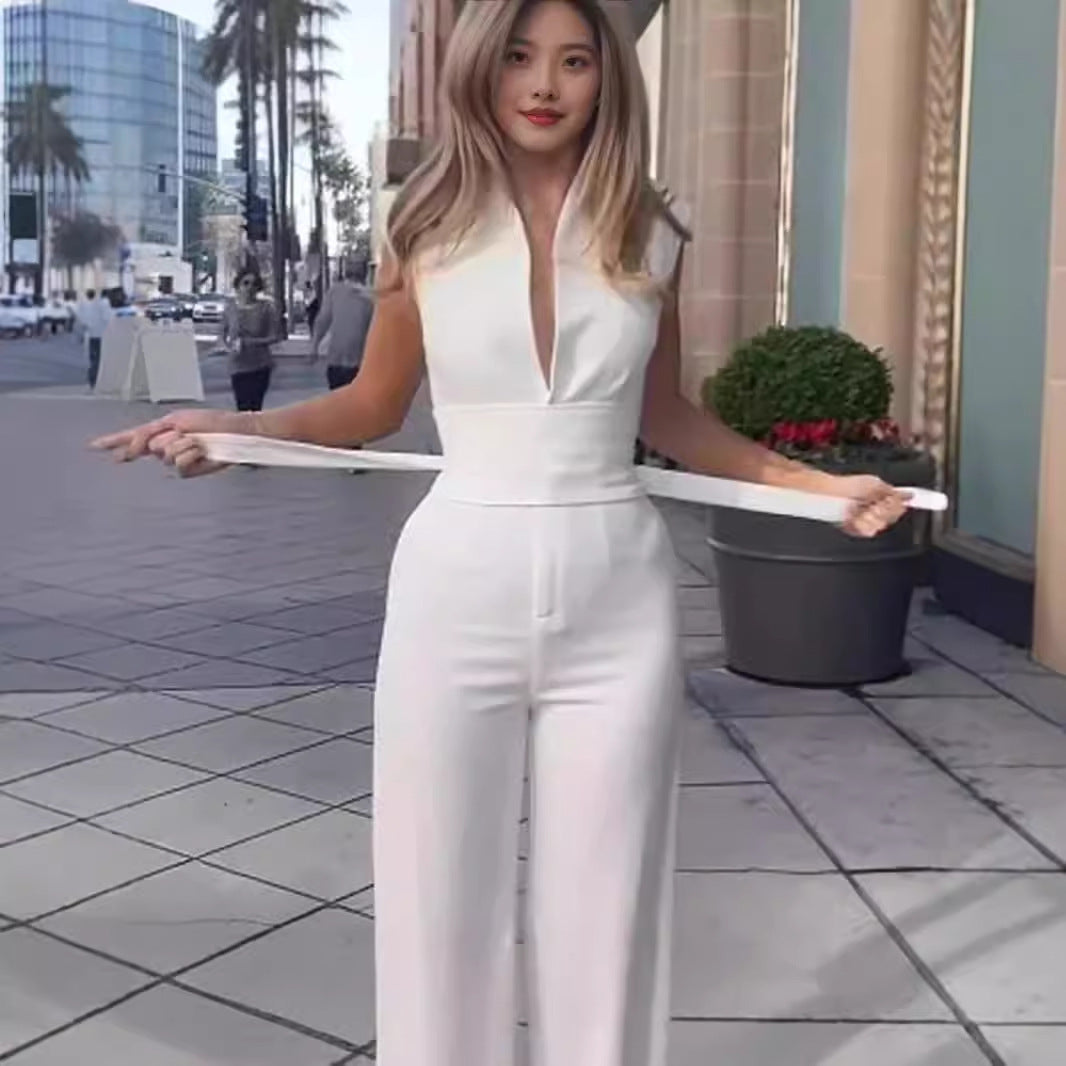 Solid Color Sleeveless Low-Neck Tight Jumpsuit