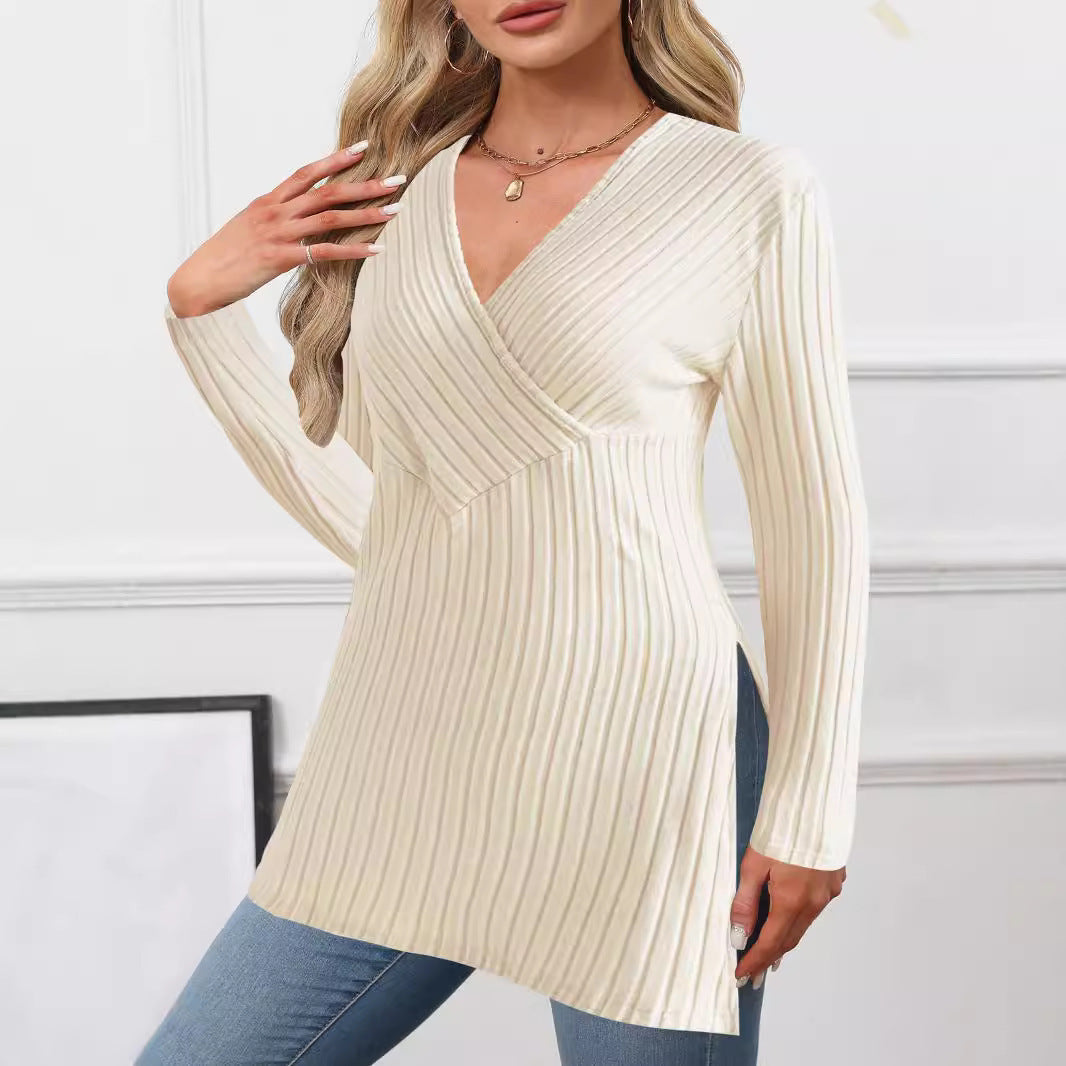 Long Sleeve Solid Color V-Neck Leisure Pajamas with Sunken Stripe Top Design