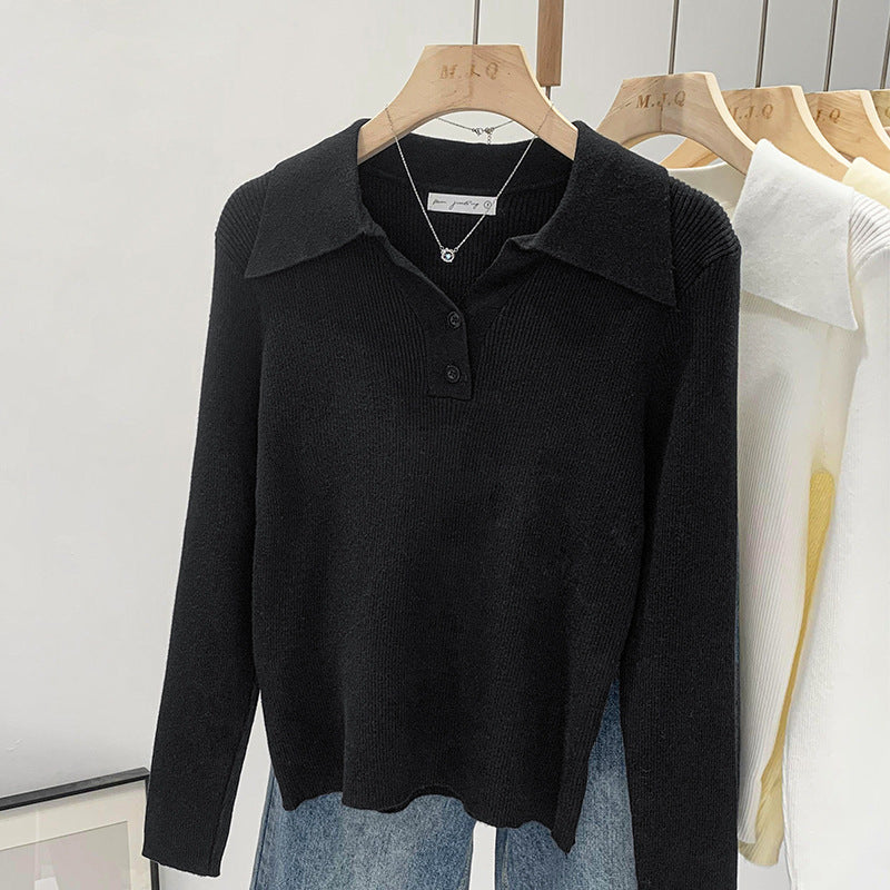 Short Polo Collar Sweater with Button Detail – Long Sleeve Base Layer Top