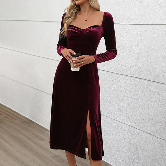 Split Mid-Length Velvet Dress with Square Collar