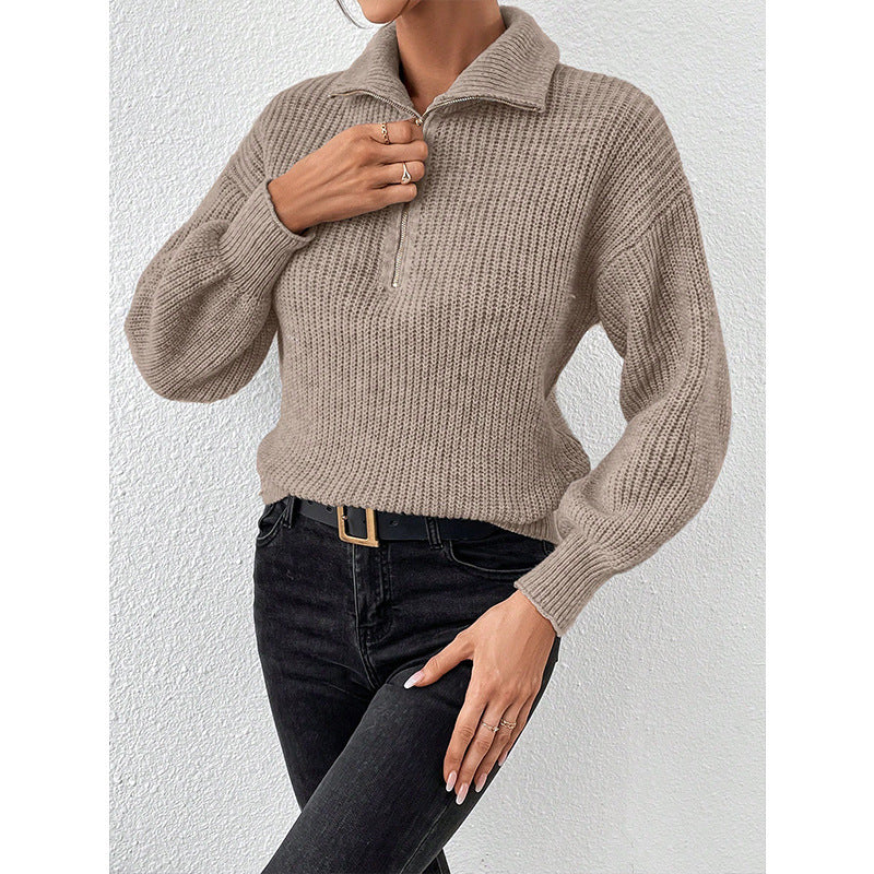 Women's Solid Color Zipper Pullover Loose-Fit Casual Long Sleeve Sweater