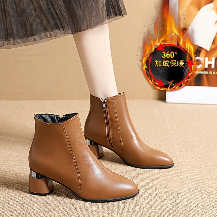 Autumn and Winter Chunky Heel Short Boots for Women in Soft Leather