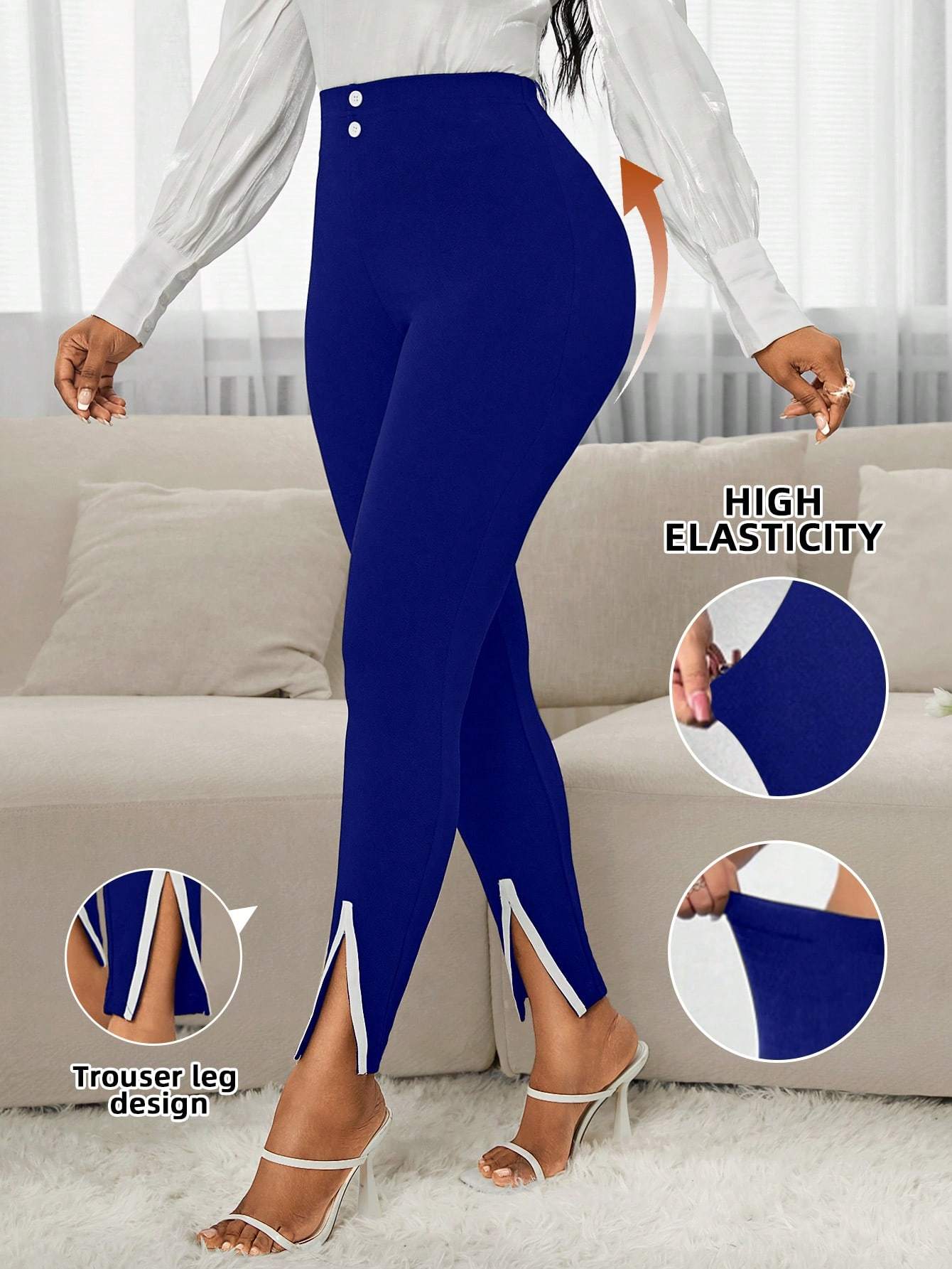 Women Elegant Contrast Color Split Hem Slim Fit Pants