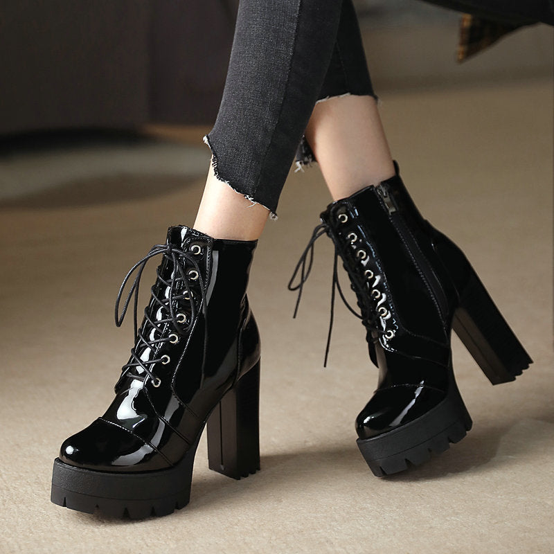 Super High-Heel Round-Toe Thick-Heel Platform Lace-Up Patent Leather Martin Boots