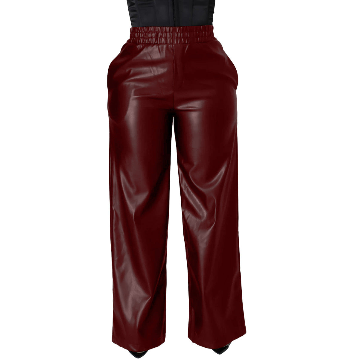 Solid Color PU Leather Wide-Leg Pants with Pockets, Loose Fit