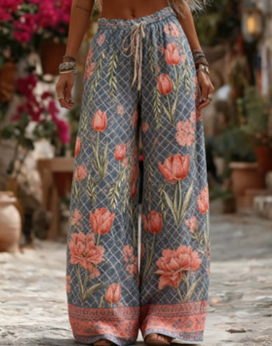 Women's Elegant Floral Print Wide-leg Pants