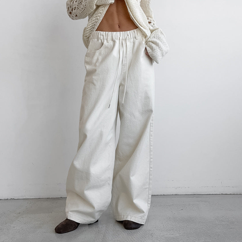 White Pure Cotton Mid-Waist Tied Wide-Leg Pants