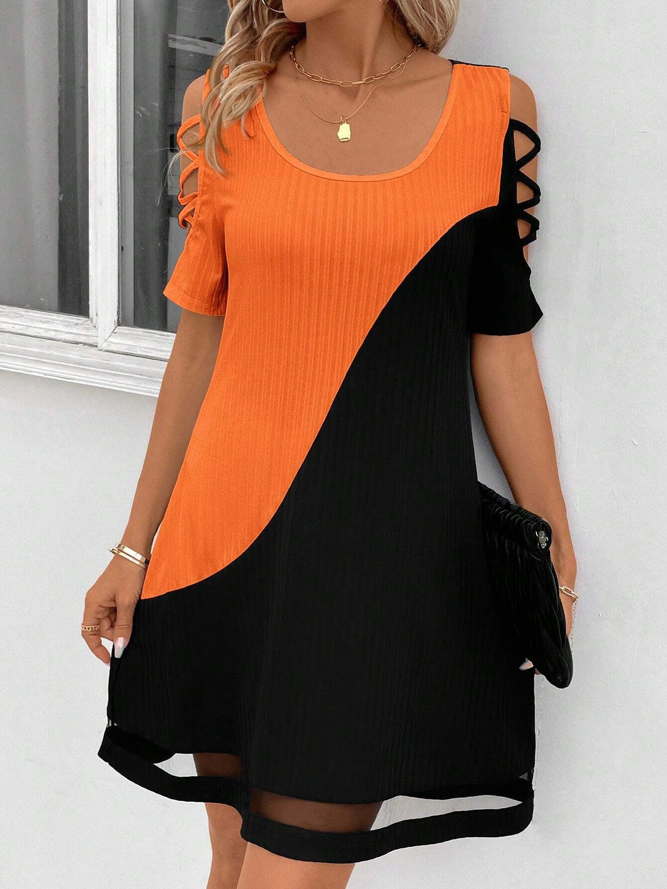 Women's Color-Block Hollow Out Mesh Midi Dress