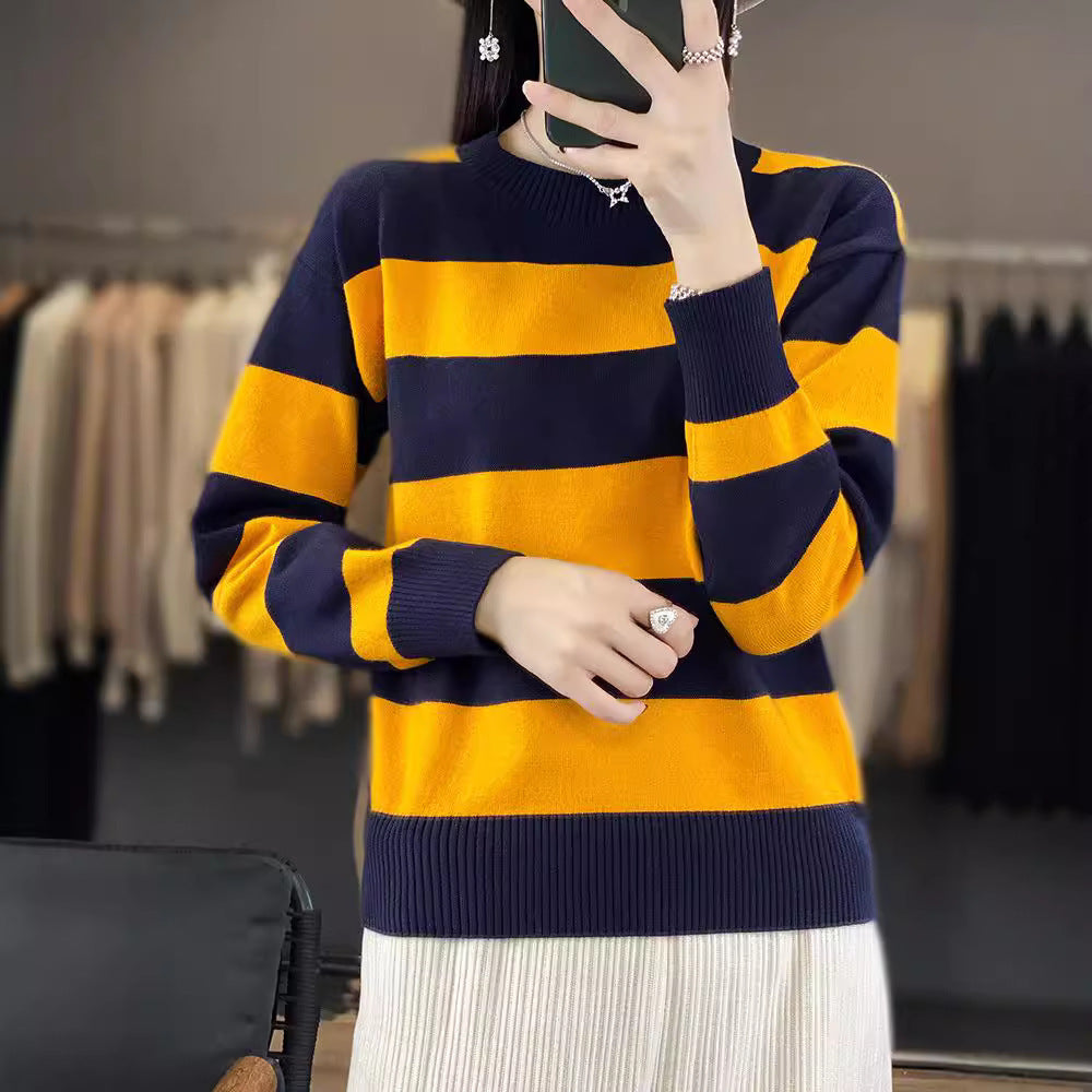 Women's Round Neck Sweater – Loose-Fitting with Striped Long Sleeves