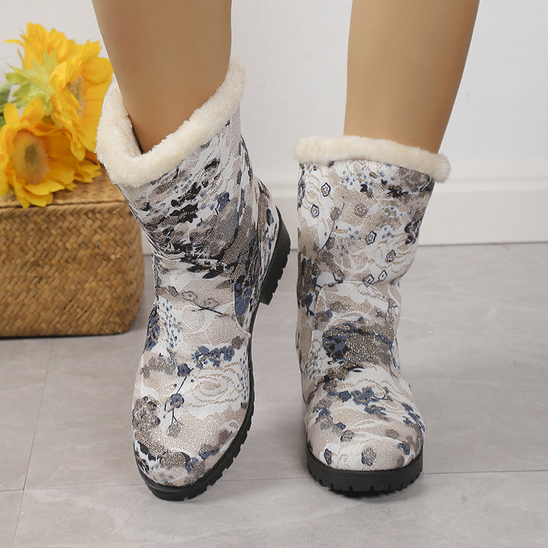 European and American Floral Plus Velvet Snow Boots for Women