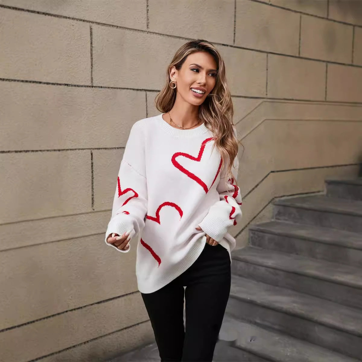 Valentine's Day Women's Pullover Sweater with Big Peach Heart Contrast Design