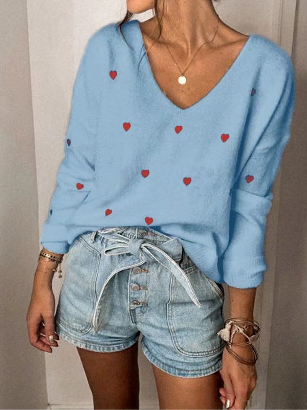 Women's Long-Sleeved Pullover Sweater - Solid Color Heart-Shaped Jacquard Knit Top