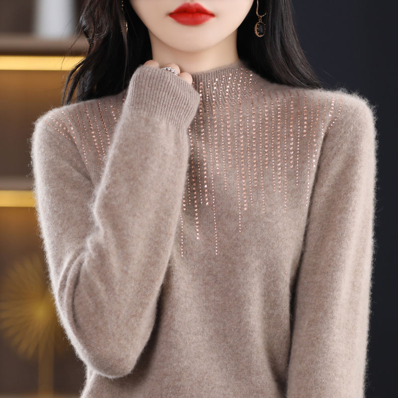 Women's Diamond-Embedded Half-Turtleneck Wool Sweater Pullover