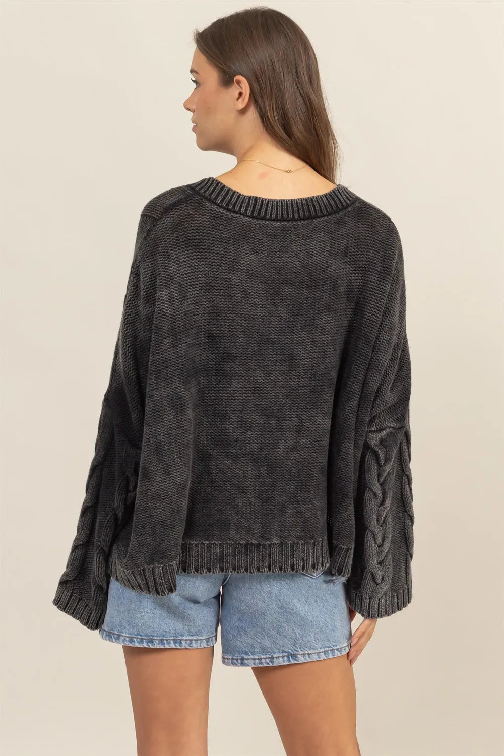 Cable Knit V-Neck Oversized Sweater with Dropped Shoulders