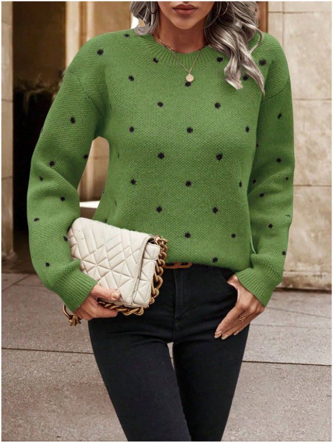 Fashion Round Neck Polka Dot Jacquard Long Sleeve Sweater – Trendy and Comfortable Pullover