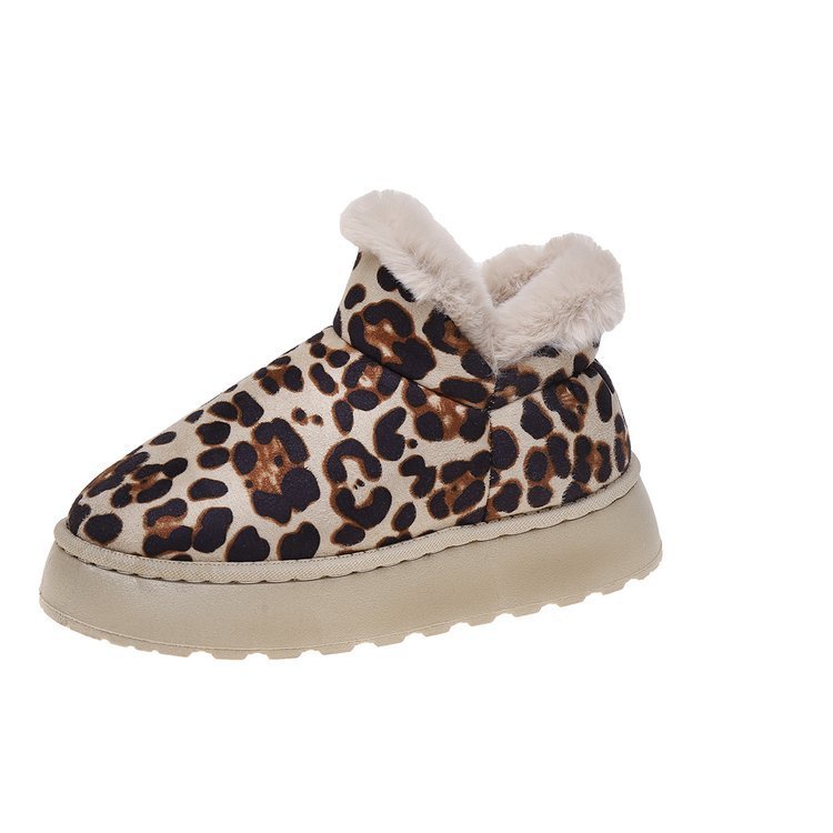 Thickened Fleece-Lined Leopard Print Slip-On Cotton Boots