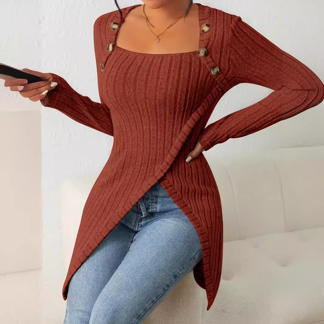 Knitted Irregular T-Shirt Top with Square Collar