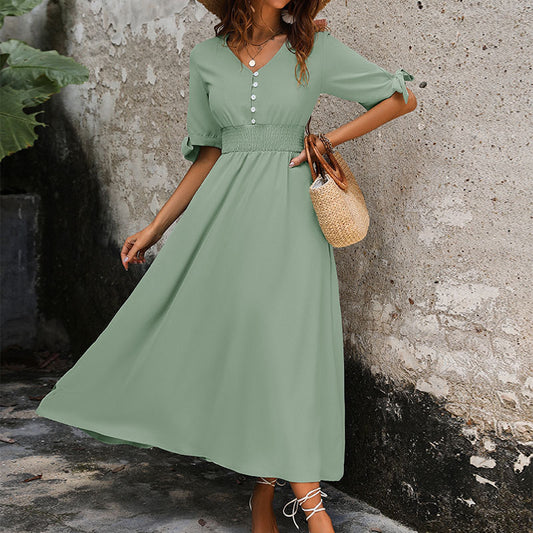 High-Waisted Smocked Buckle V-Neck Dress for Women