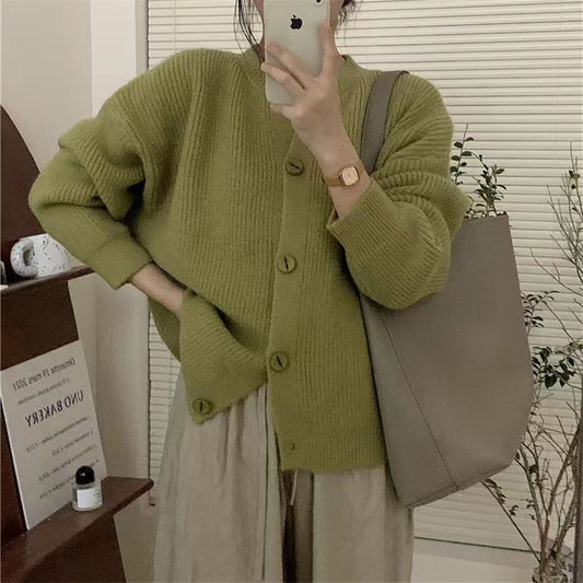 Korean Style Casual Solid Color Single-Breasted Knitted Cardigan