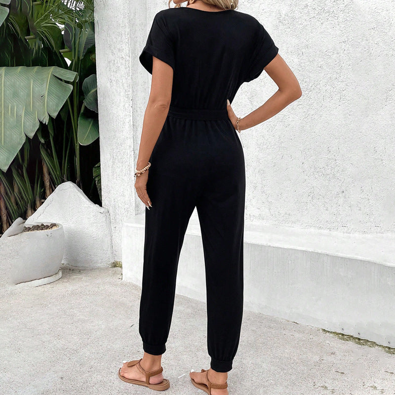 Black Short Sleeve Lace-Up Jumpsuit