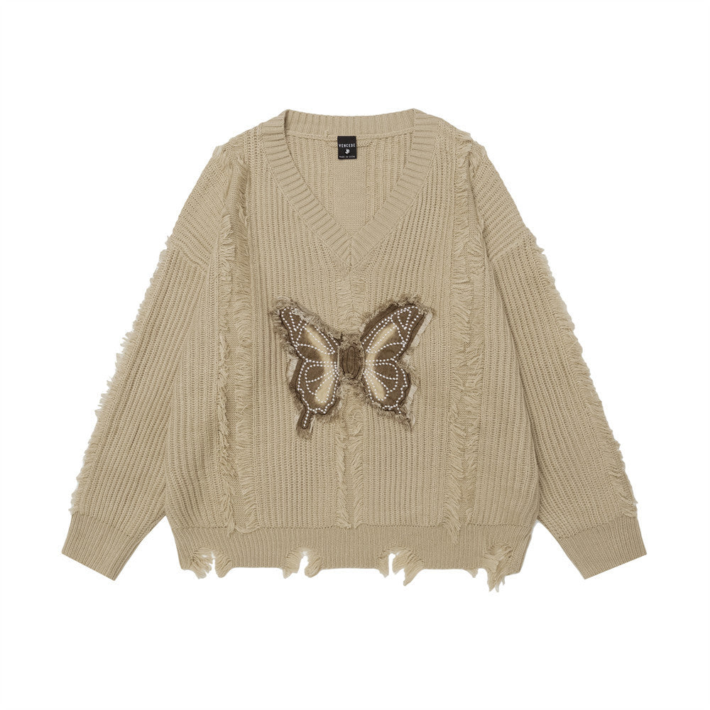 Butterfly-Embroidered Destroyed Frayed V-Neck Knitted Sweater with Worn Design