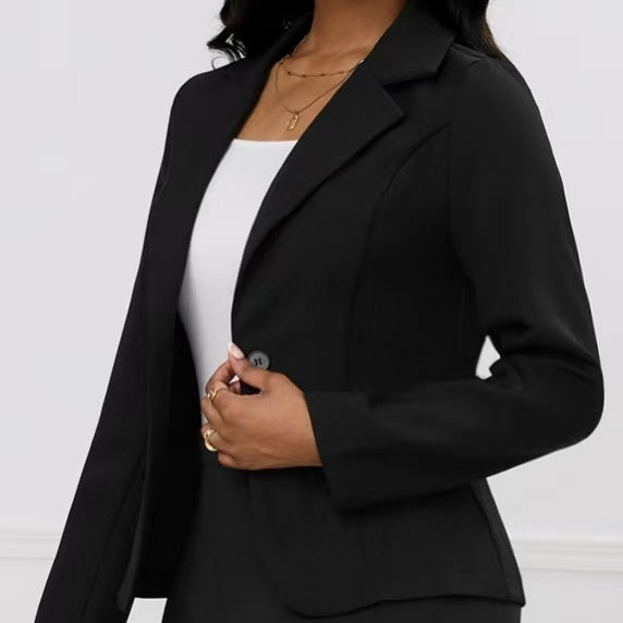 Women's Solid Color Single Button Long Sleeved Jacket And Slim Fit Versatile Micro Flared Pants Set