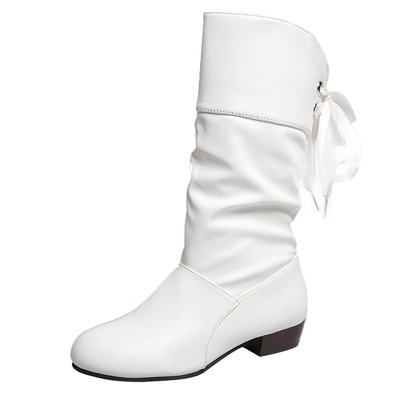 Student Mid-Calf Slingback Boots with Low Heel and Round Toe