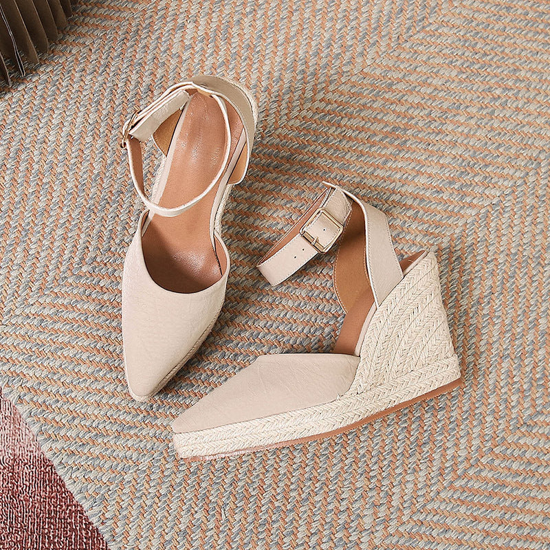 Women's Straw Woven Wedge Platform High Heel Pointed Toe Sandals