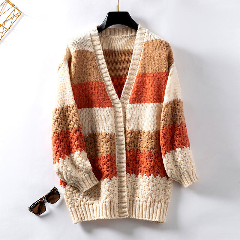 Women's European and American Style Drizzling Contrast Color Striped Sweater Cardigan