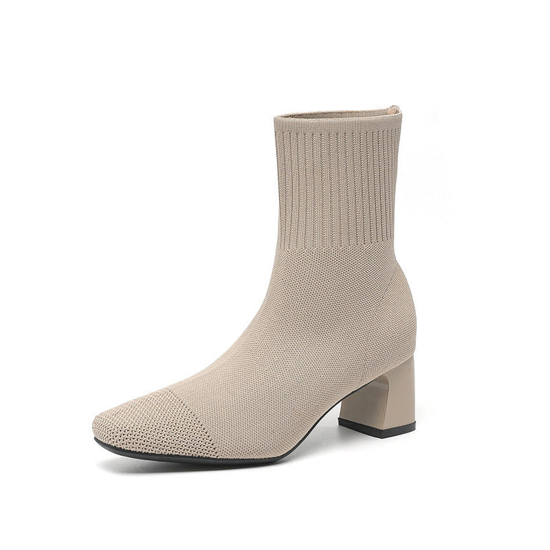 Elastic Chunky Heel Knitted Sock Boots