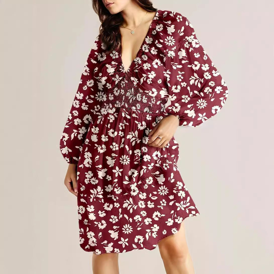 Floral V-Neck Long Sleeve Dress – Pleated with Elastic Waist for a Flattering Fit