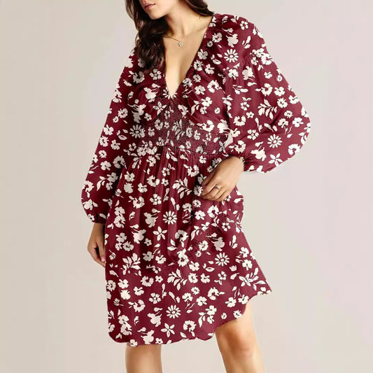 Floral V-Neck Long Sleeve Dress – Pleated with Elastic Waist for a Flattering Fit