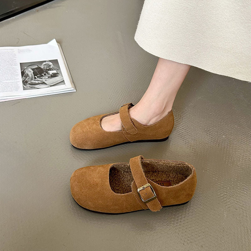 Retro Mori Style Buckle All-Match Fleece-Lined Soft-Bottom Mary Jane Shoes