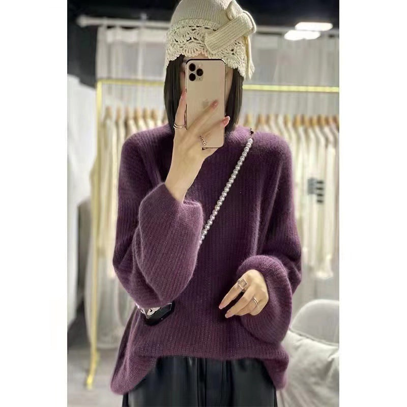 Round Neck Lantern Sleeve Knitted Sweater in Lazy Style