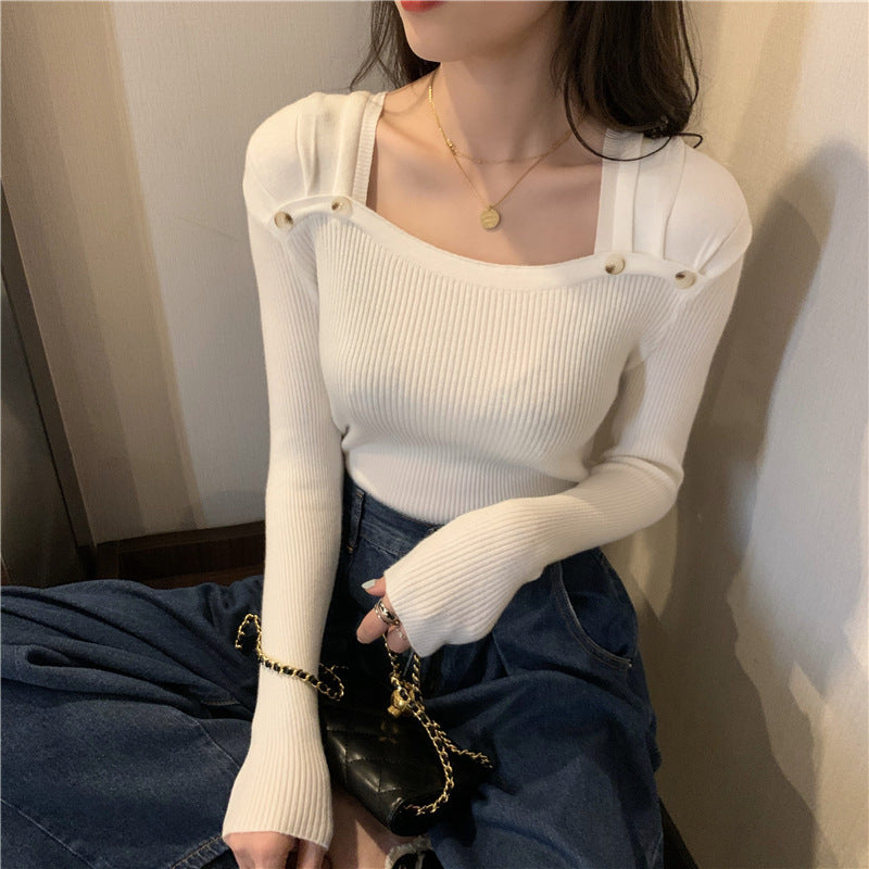 Women's Square Collar Long Sleeve Knitted Top