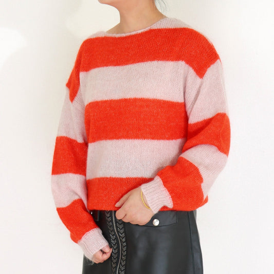 Autumn Mohair Round Neck Striped Sweater – Loose-Fit & Slimming