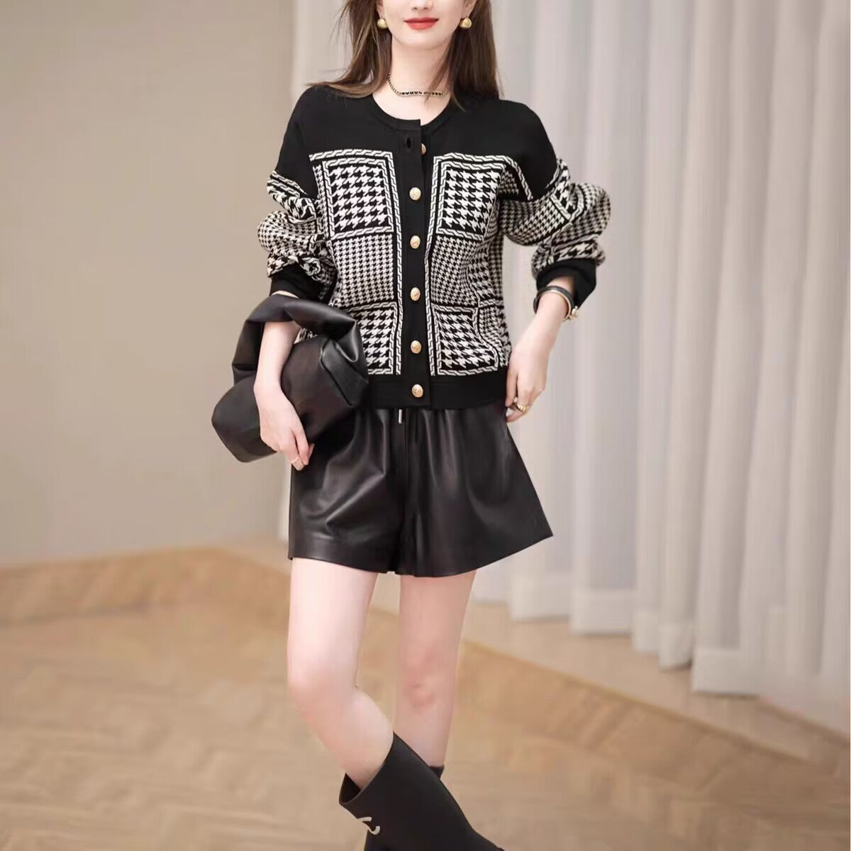 Plus Size Retro Houndstooth Knit Sweater for Women